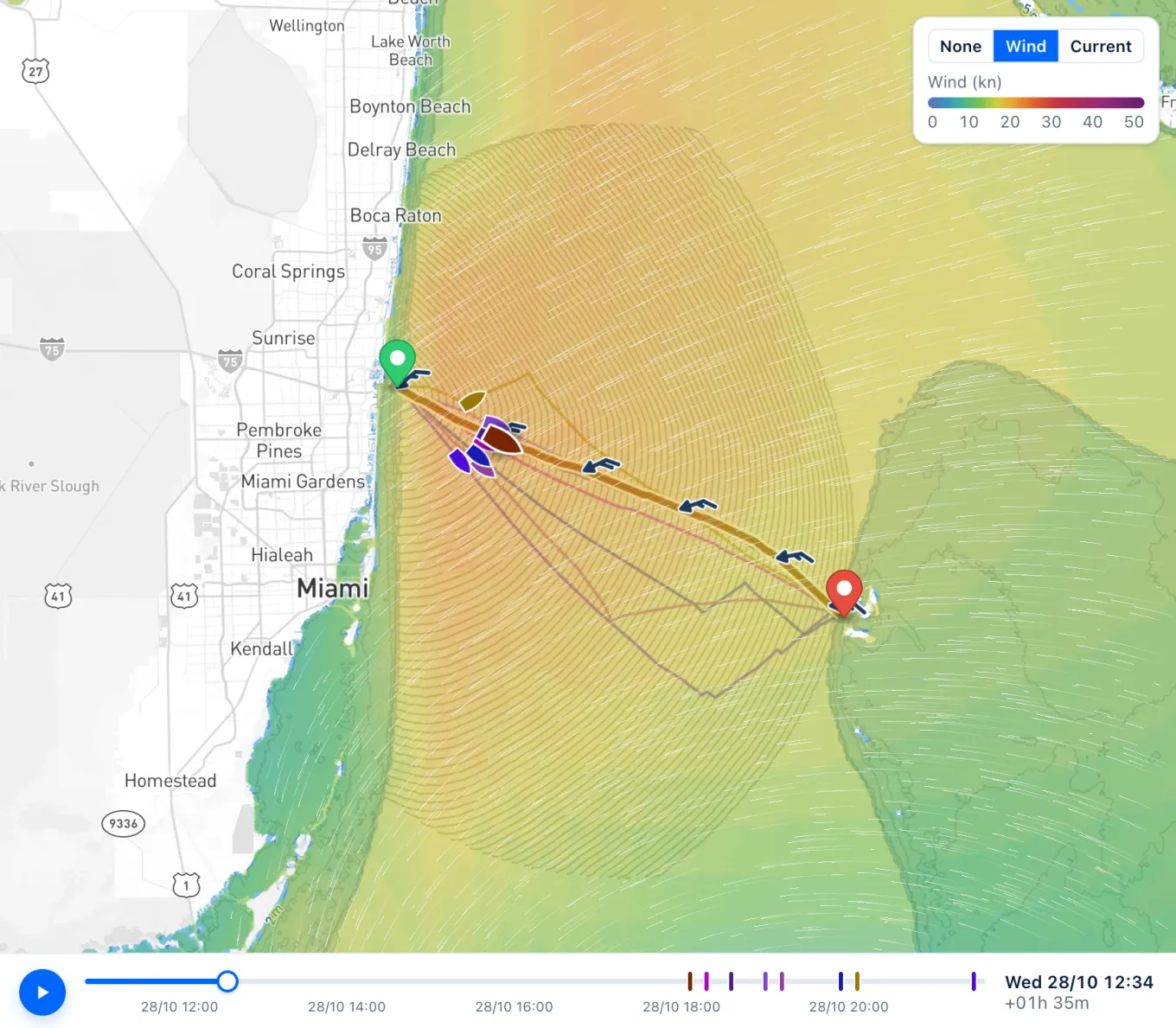 Routing map from Fort Lauderdale to Bimini, the sea coloured by the strength of the wind, white streaks drifting from the east, the routes of every model and their boats a few miles off Florida.