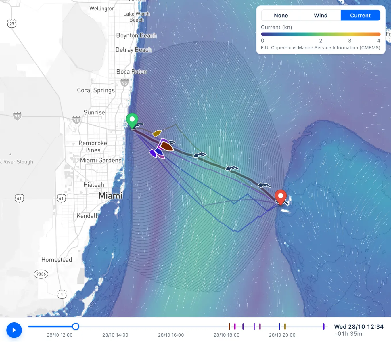 The same map showing the current, a band of stronger current down the middle of the strait, streaks drifting north, slacker water along Florida and over the Bahamas banks.